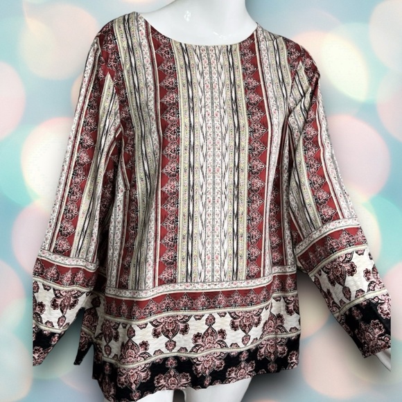 J.Jill Women’s Red Cream Boho Long Sleeve Pattern Shirt Blouse Top Size M - Picture 2 of 6